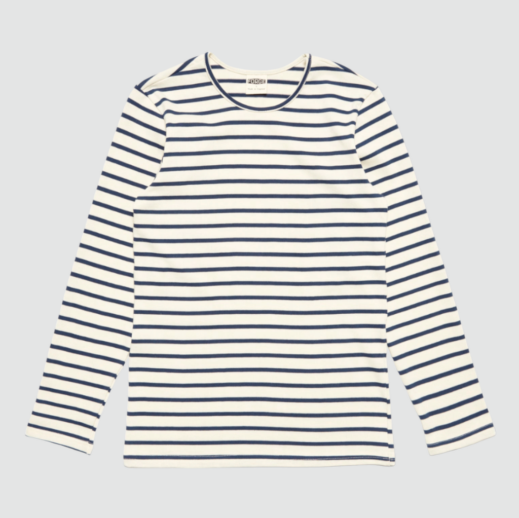 Ecru and navy striped long sleeve Breton tee with a regular fit and high-quality jersey fabric. Made in England with attention to craftsmanship.