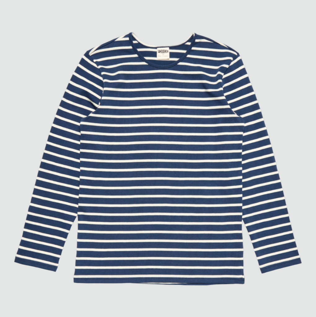 Classic striped Breton long sleeve shirt in navy and ecru, featuring a regular fit and 250 gsm jersey fabric, crafted in England with premium materials.