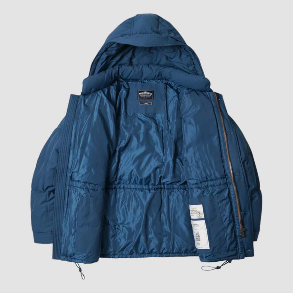 Deep blue down parka with square baffling, 60/40 fabric blend, structured hood, and 420g duck down fill. Inspired by vintage mountain parkas.