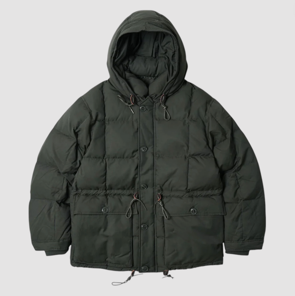 Dark green puffer jacket with a hood on a light gray background.