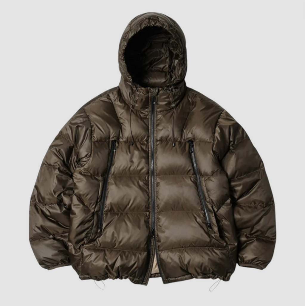 Brown puffer jacket with a hood on a light gray background.