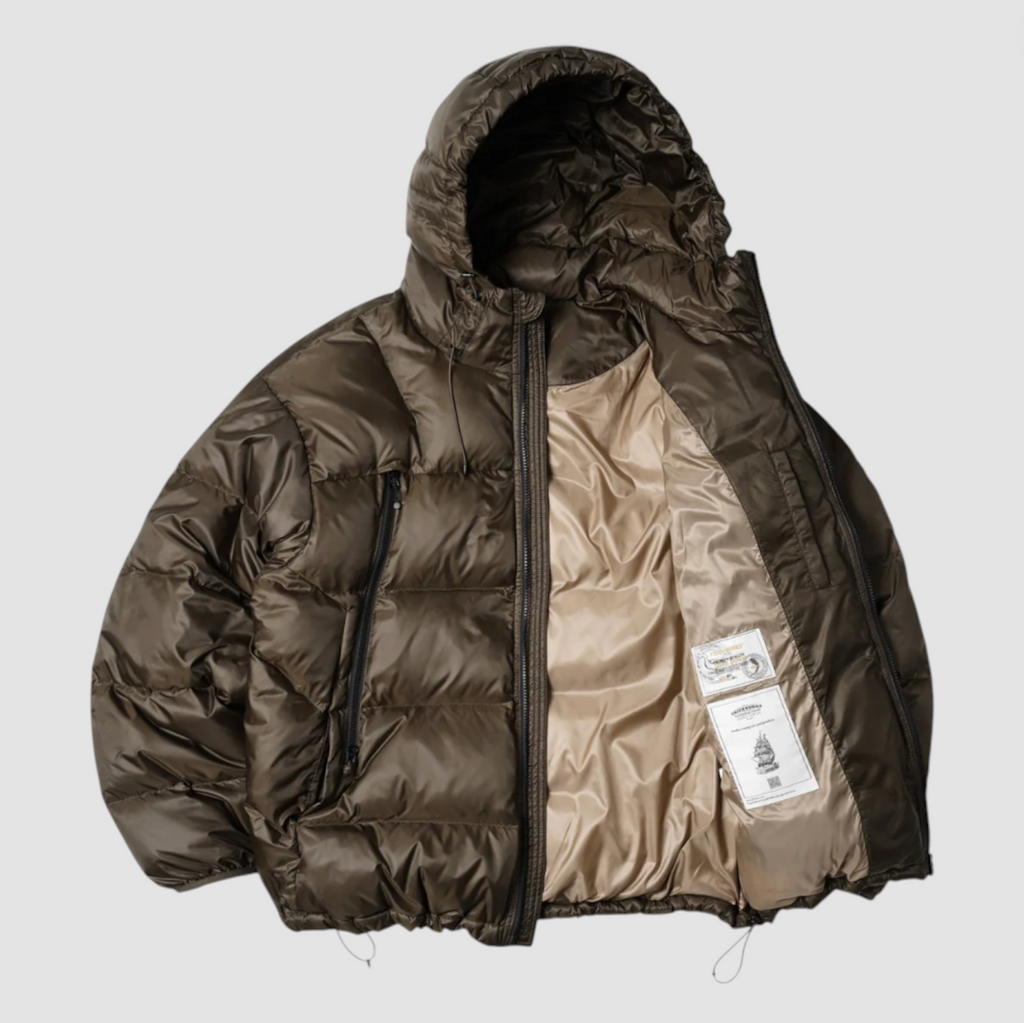 Brown puffer jacket with a hood on a light gray background.