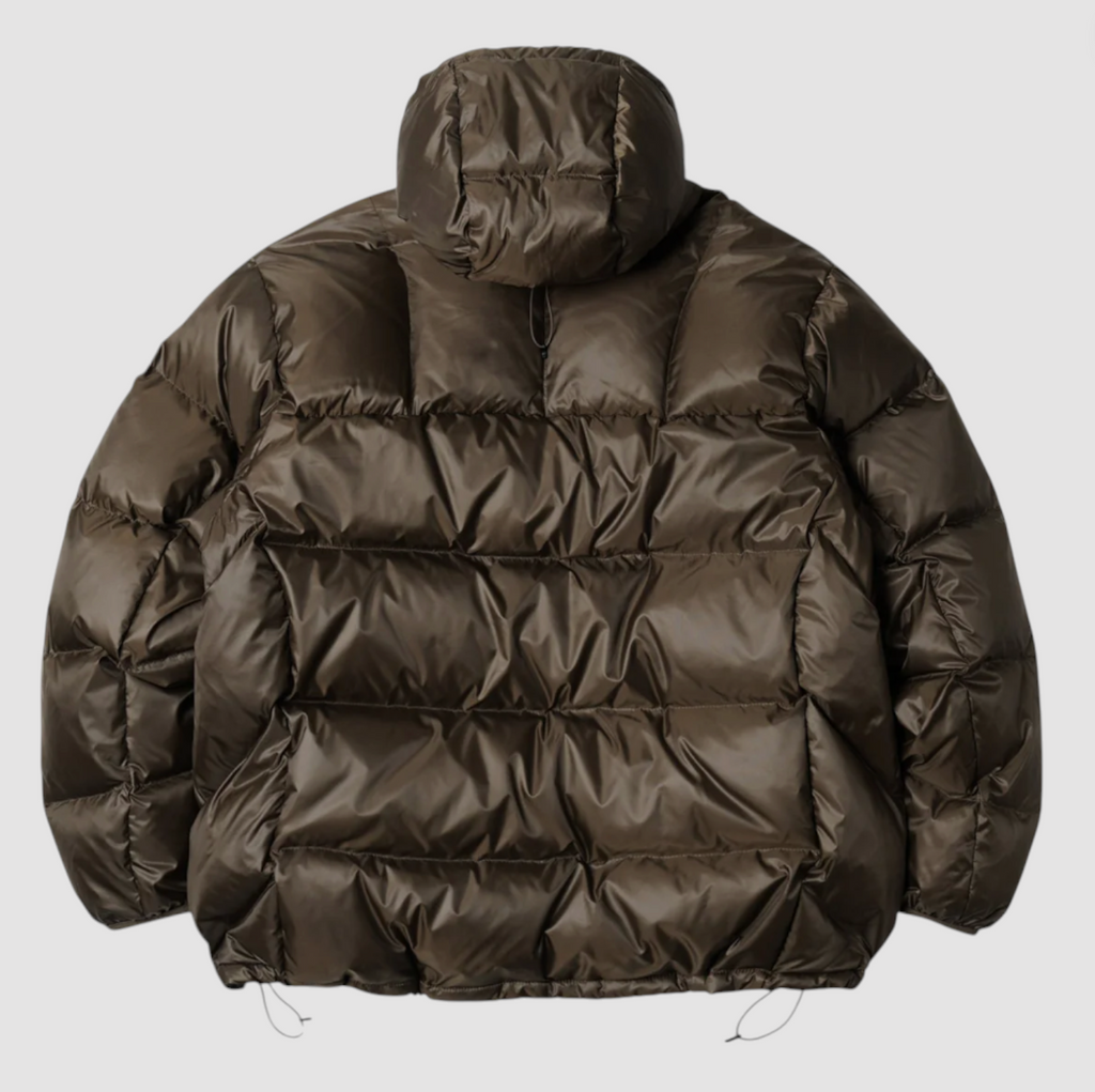 Brown puffer jacket on a light gray background.