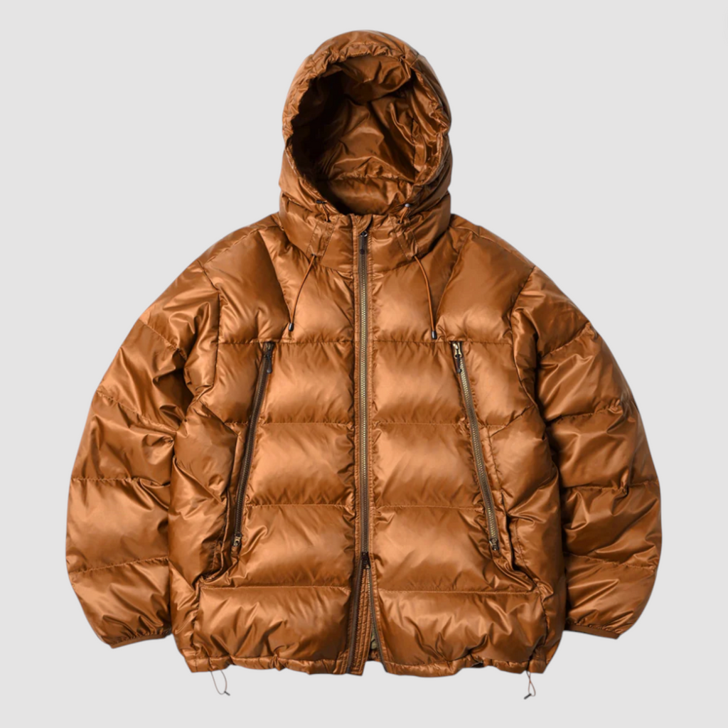 Orange puffer jacket with a hood on a light gray background.