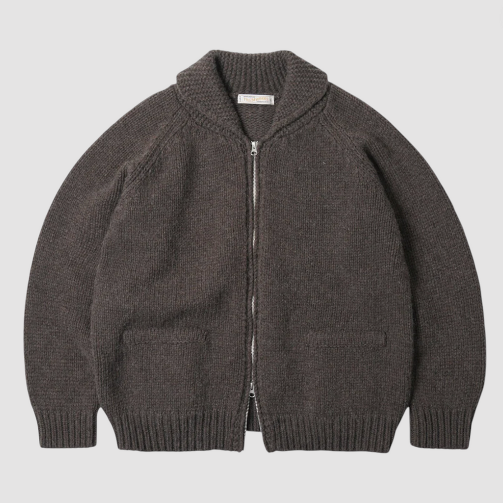 Brown knitted zip-up cardigan on a light gray background.