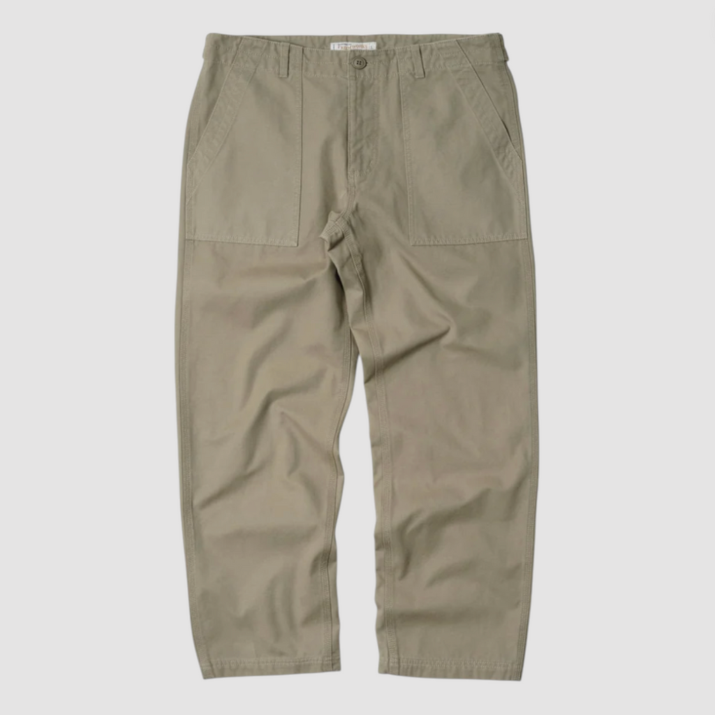 Khaki pants on a light gray background.