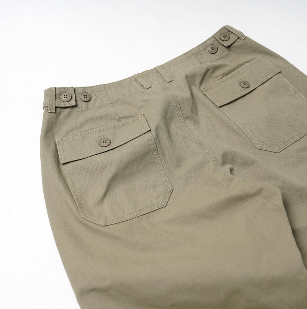 Khaki pants with two back pockets on a white background.