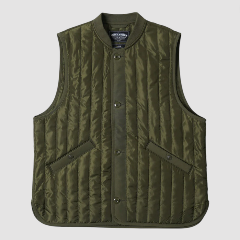 Green quilted vest with button details on a light gray background.