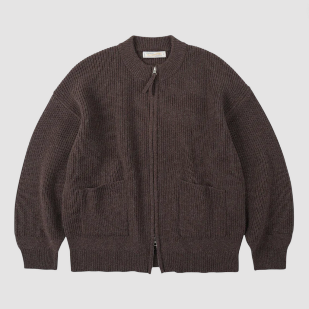 Brown zip-up cardigan on a light gray background.