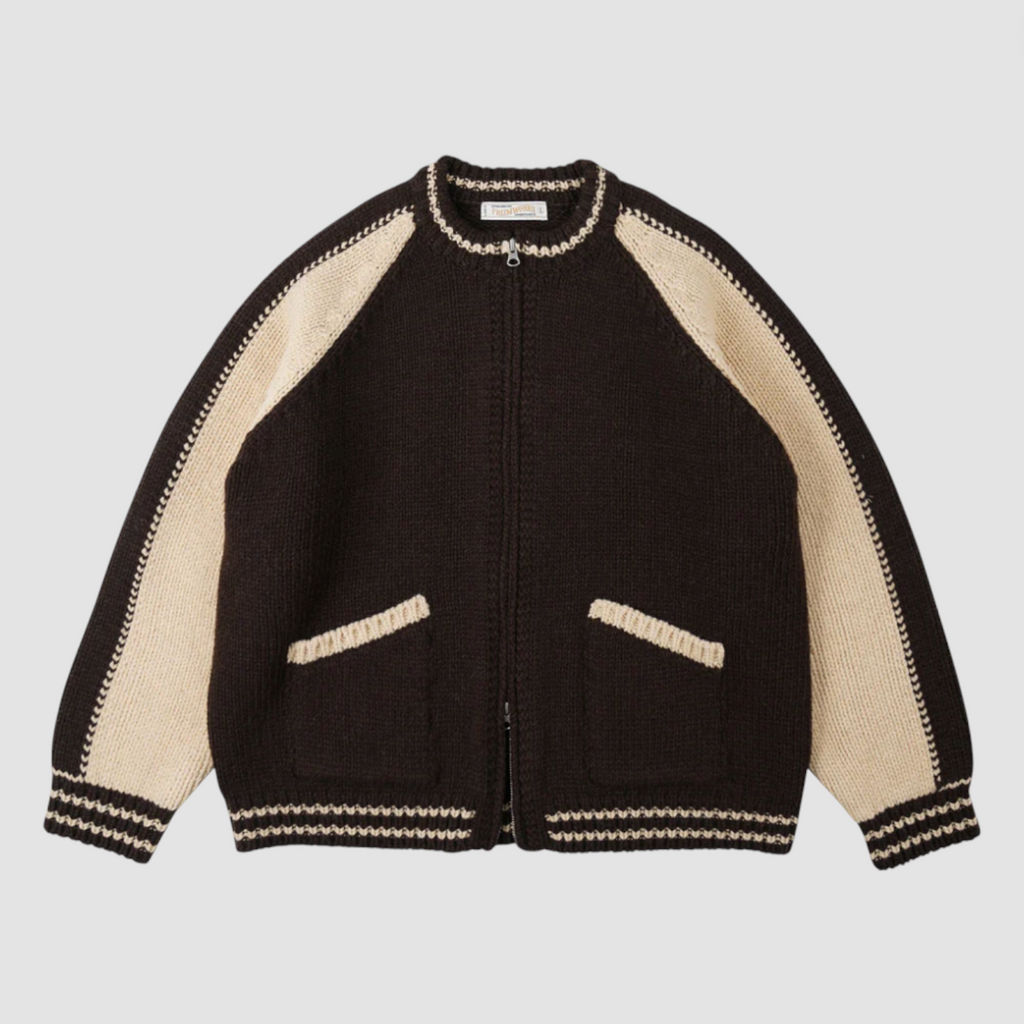 Brown and beige varsity jacket on a light gray background.