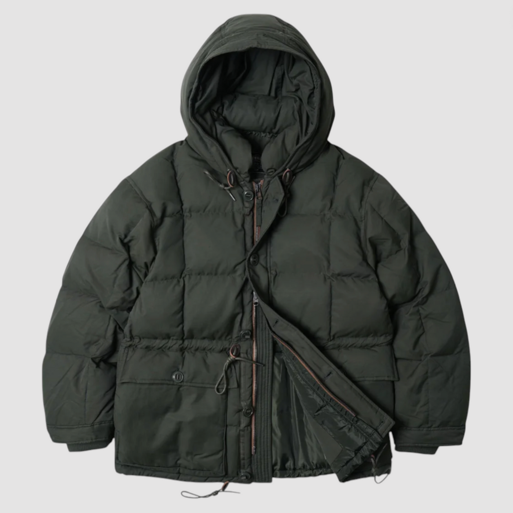 Dark green puffer jacket with a hood on a light gray background.