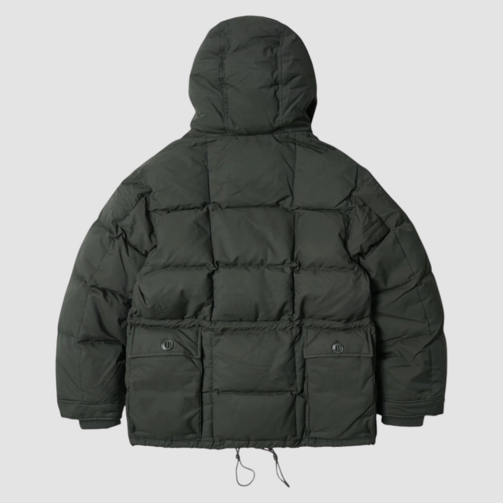 Green puffer jacket with a hood on a light gray background.