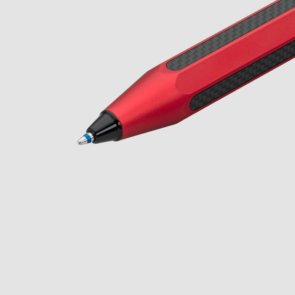 Kaweco Aluminium/Carbon Sport Ballpoint Pen in Red with carbon inlays, black logo cap, and silver nib, featuring a sleek compact design.