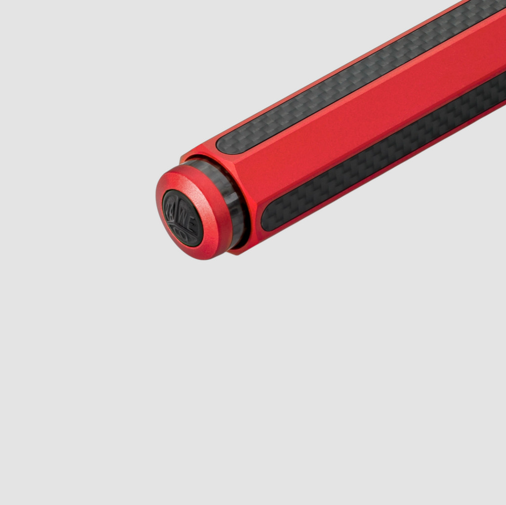 Kaweco Aluminium/Carbon Sport Ballpoint Pen in Red with carbon inlays, black logo cap, and silver nib, featuring a sleek compact design.