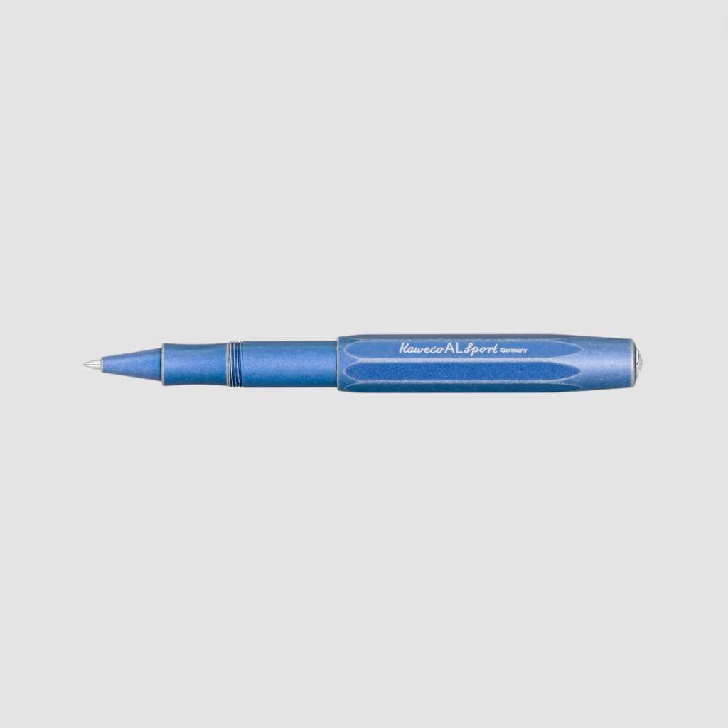 Kaweco Aluminium Sport Rollerball Pen in Stonewashed Blue with a casual denim-inspired finish and compact aluminium body.