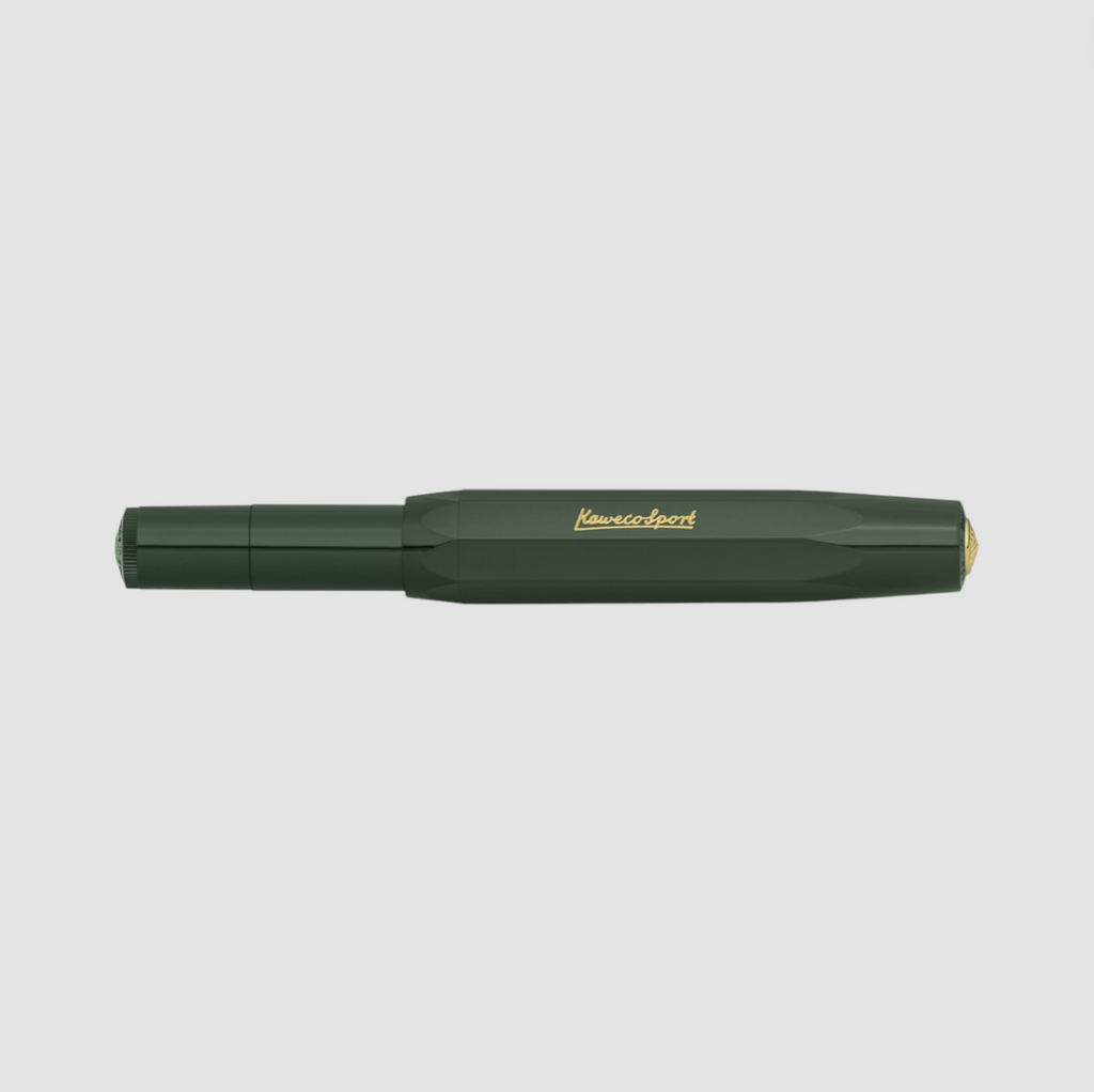 Kaweco Classic Sport Rollerball Pen in dark green, compact design with smooth ink flow and nostalgic charm.