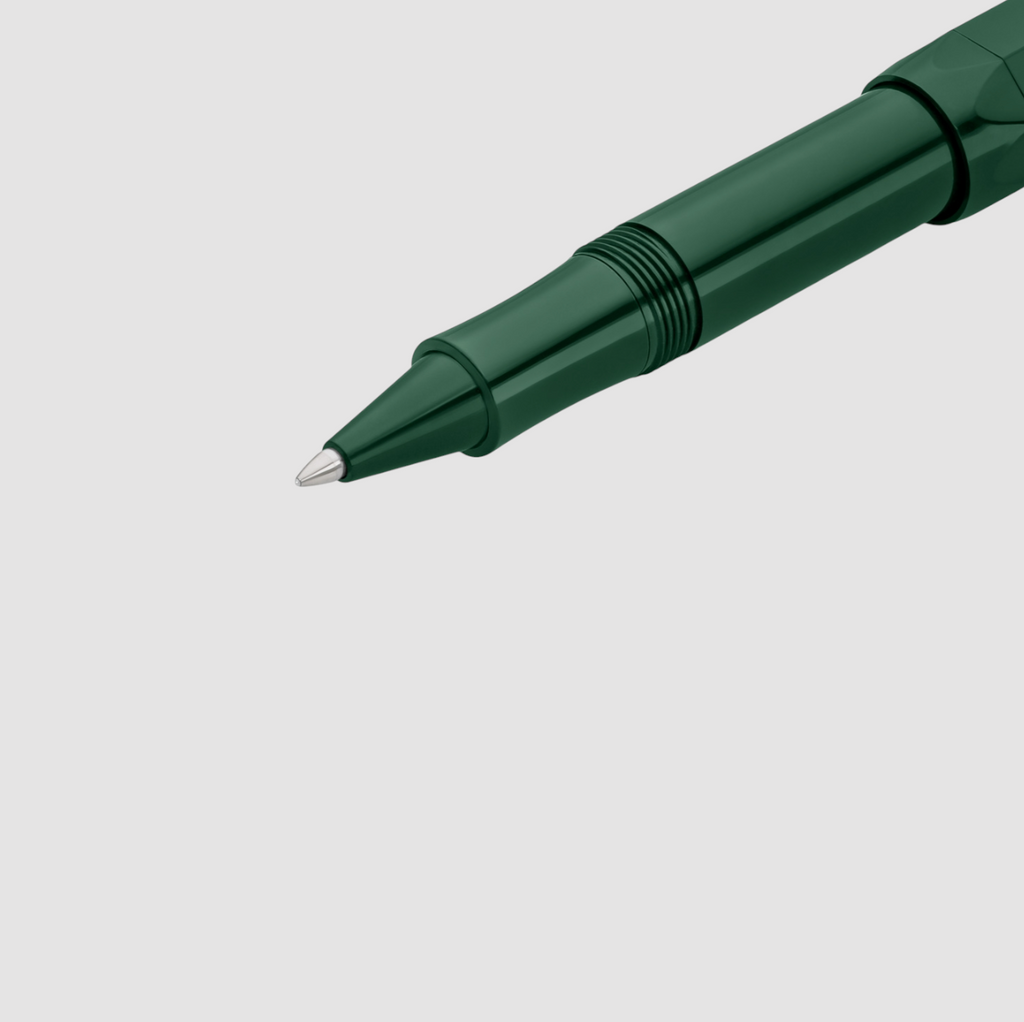 Kaweco Classic Sport Rollerball Pen in dark green, compact design with smooth ink flow and nostalgic charm.