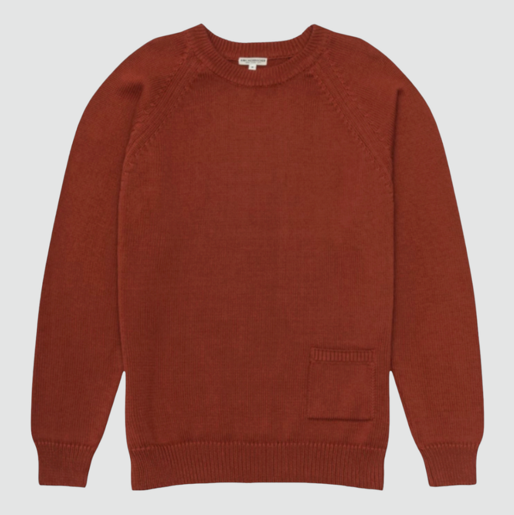 Knickerbocker Barge Sweater in Brick, featuring a raglan sleeve design, single waist pocket, and a dense 100% cotton knit for added warmth and comfort.