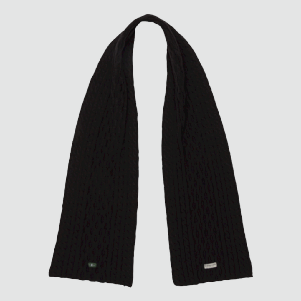 A black cable knit wool scarf made from an Italian wool blend, featuring a textured design for warmth and style.