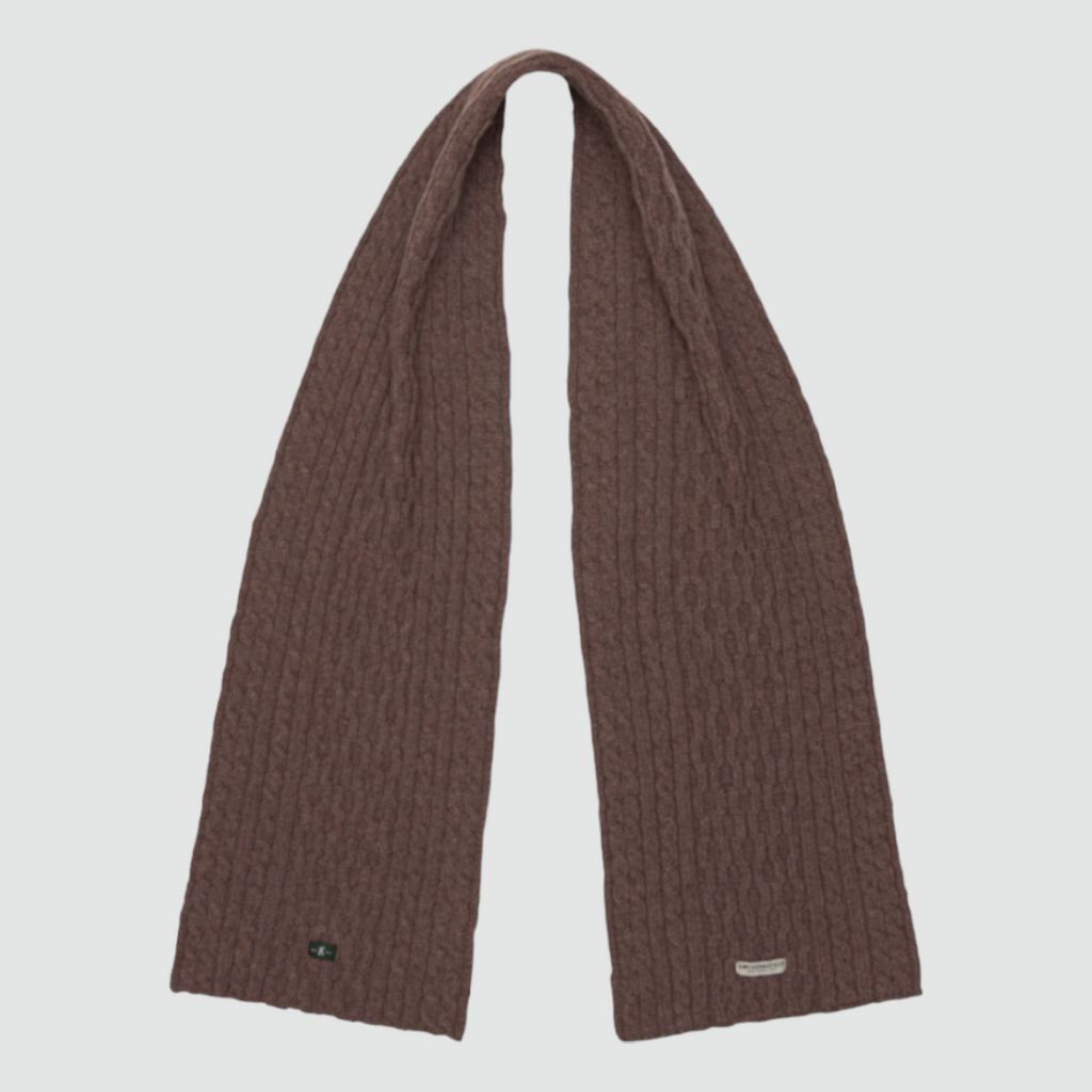 A heather cable knit wool scarf, showcasing the intricate pattern and premium Italian wool blend for added warmth.