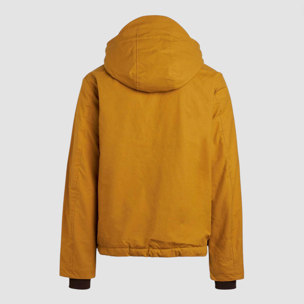 Yellow wax jacket with hood and zip fastenings on a light grey background.
