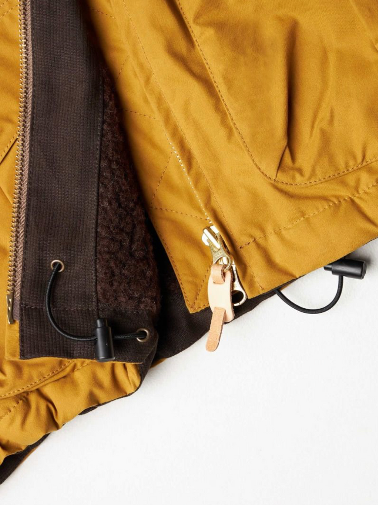 Close up of a Yellow wax jacket with zip fastenings on a light grey background.