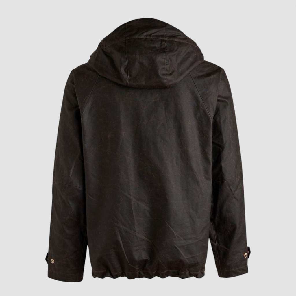 Brown wax jacket with hood on a light grey background.