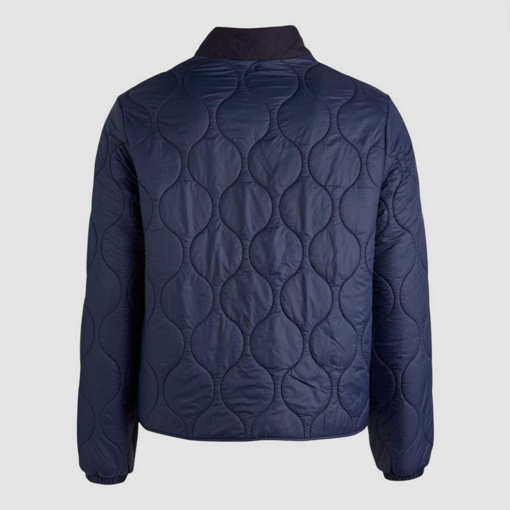 Navy zip-up liner jacket on a light grey background.