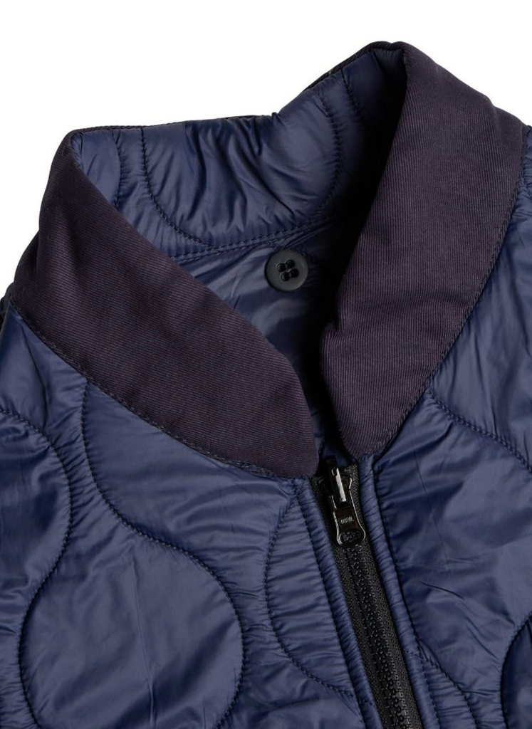 Close up of a navy zip-up liner jacket on a light grey background.