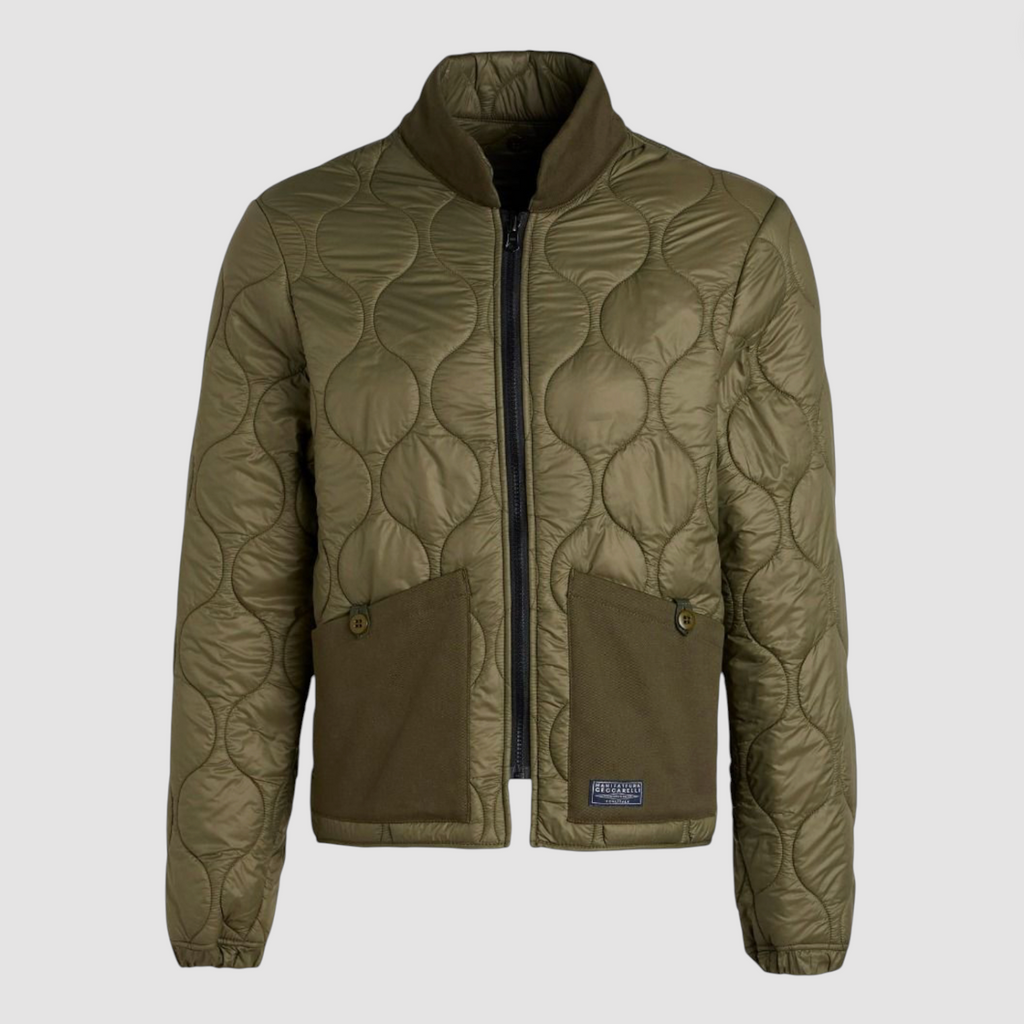 Green liner zip-up jacket with pockets on a light grey background.