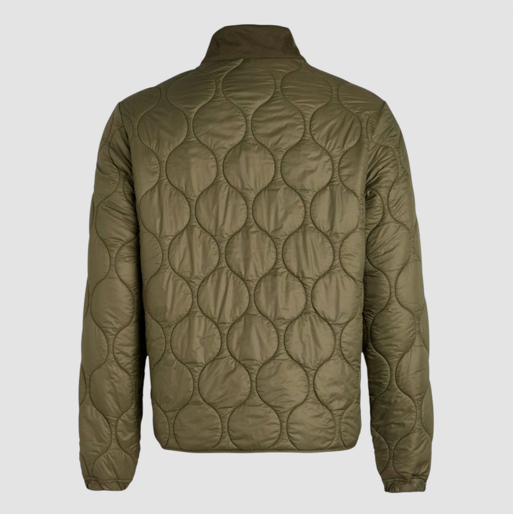 Green liner zip-up jacket on a light grey background.