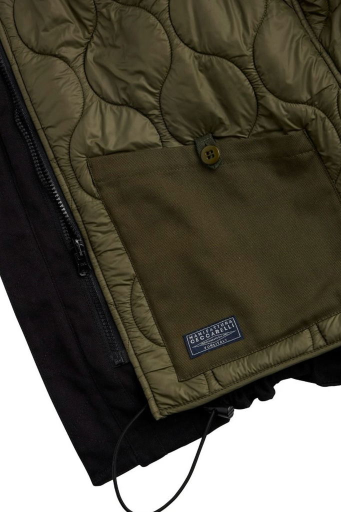 Close up of a green liner jacket on a light grey background.