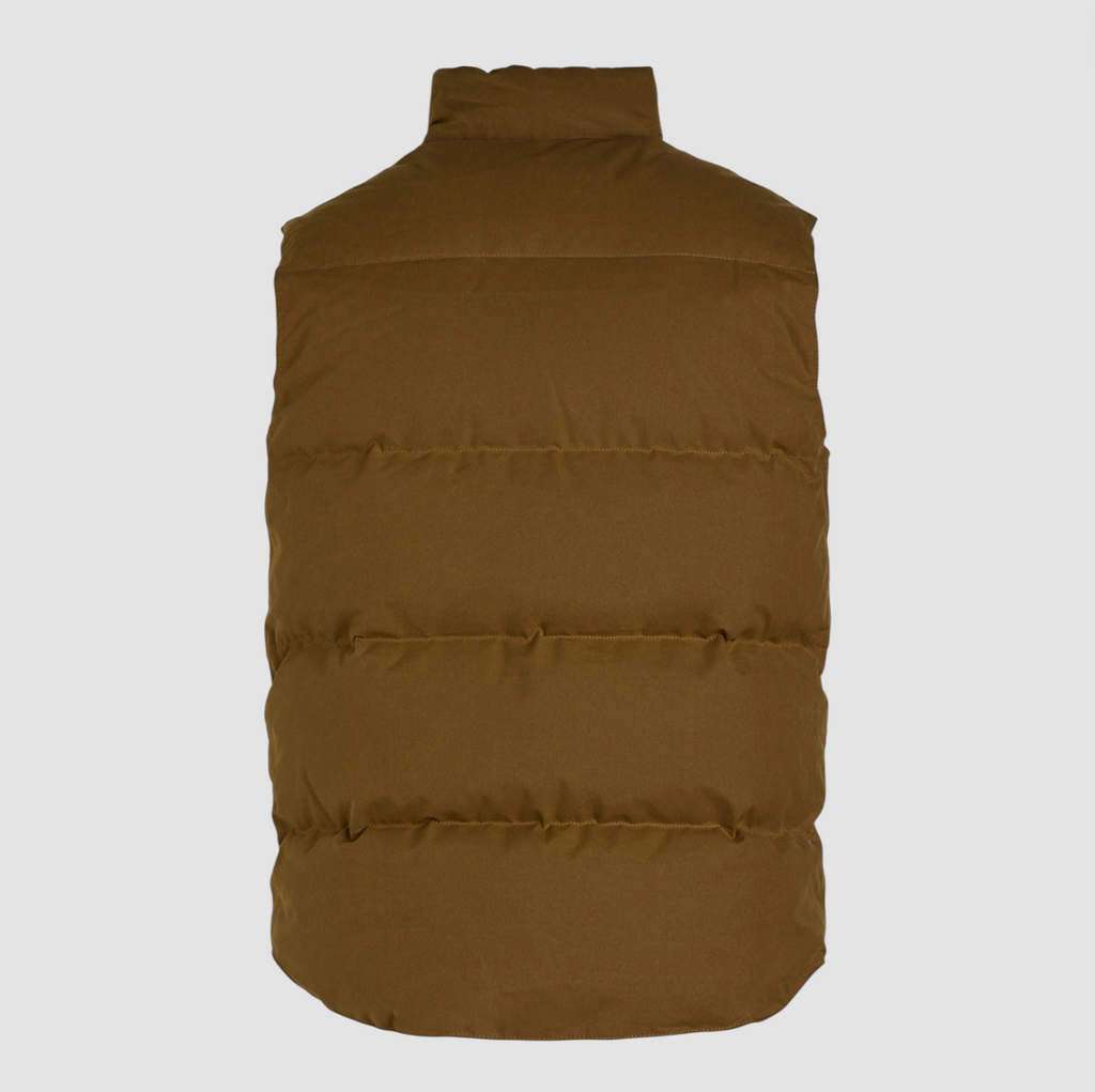 Brown puffer vest on a light gray background.