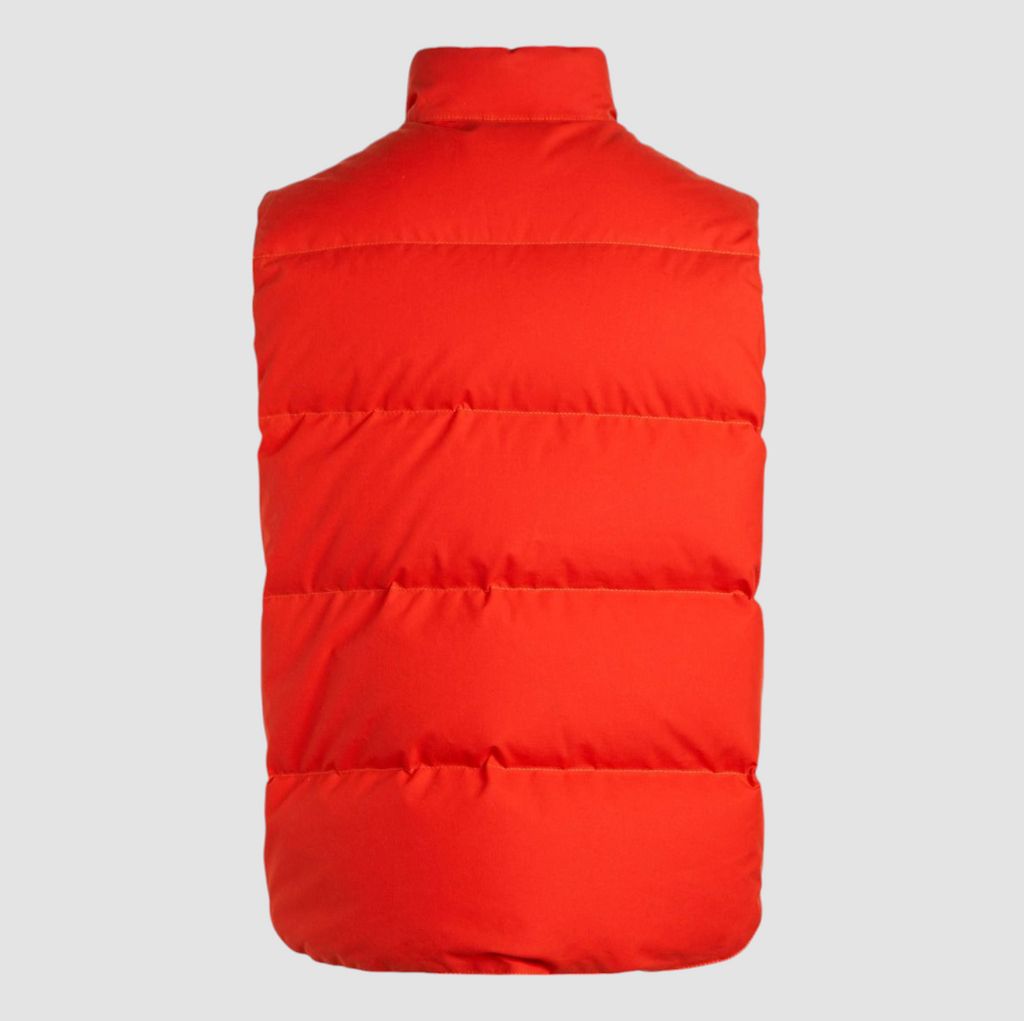 Orange goose down vest with water-repellent dry cotton shell, 90/10 white goose down fill, zip closure, snap button collar, and leather details.