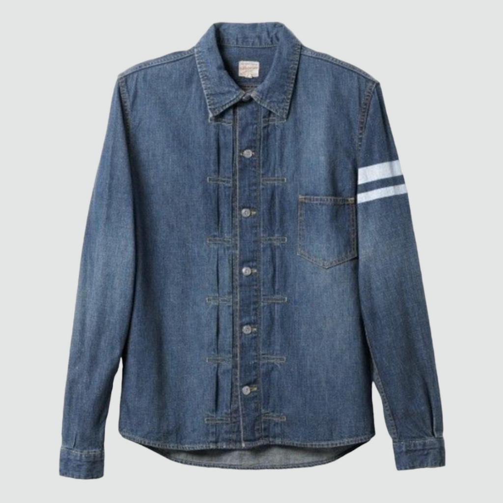 Momotaro 05-197 Denim Shirt made from 8oz denim, featuring unique aging processing and authentic Japanese craftsmanship.