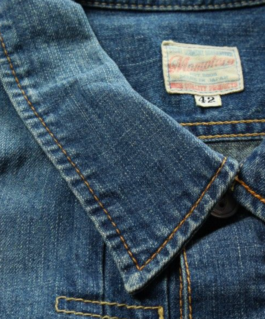 Momotaro 05-197 Denim Shirt made from 8oz denim, featuring unique aging processing and authentic Japanese craftsmanship.