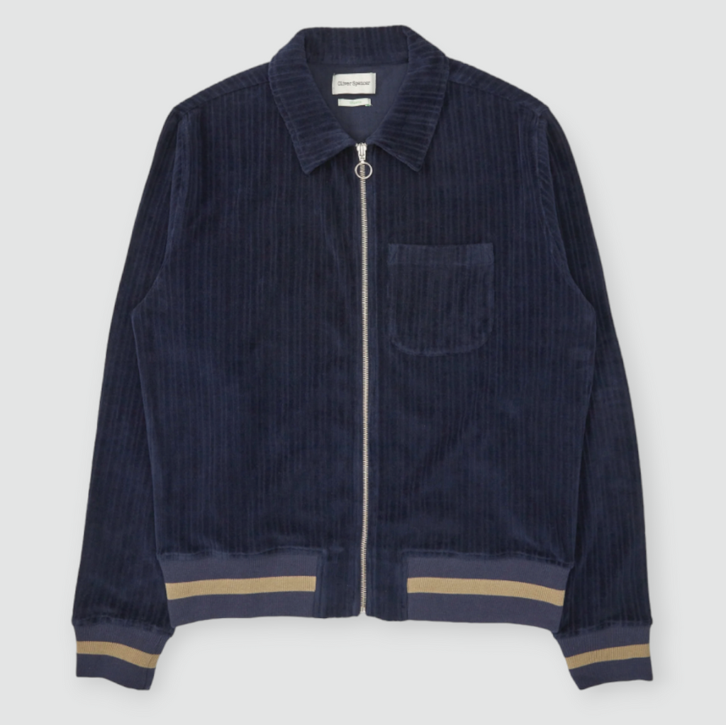 Bradstone Jersey Jacket: A sporty hybrid with turn-down collar, contrast stripe hem, made from terry cloth corduroy. Fabric: 72% Organic Cotton, 25% Polyester, 3% Elastane. Made in Portugal.