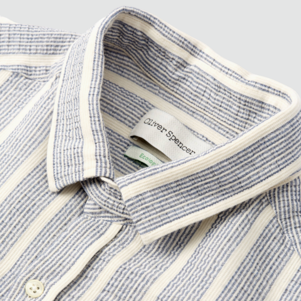 Oliver Spencer Clerkenwell Tab Shirt Barlow in Blue - Regular-fit, organic cotton blend shirt with optional tab collar, made in Portugal