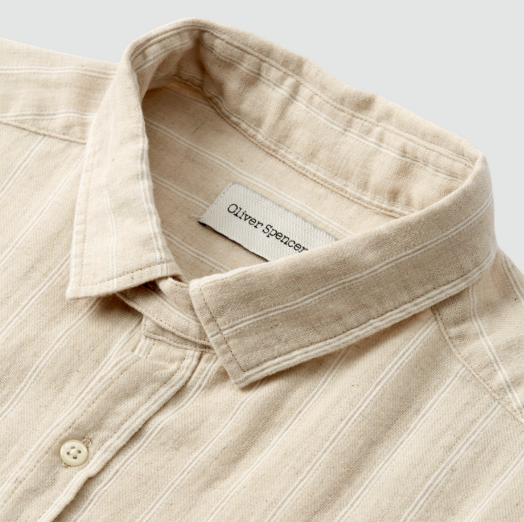 Oliver Spencer Clerkenwell Tab Shirt Randal in Cream - Regular-fit shirt with optional tab collar, lightweight cotton and linen blend, made in Portugal