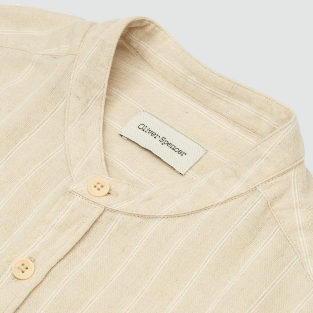 Oliver Spencer Grandad Shirt Randal in Cream - Regular-fit shirt with grandad collar, cotton and linen blend, made in Portugal.