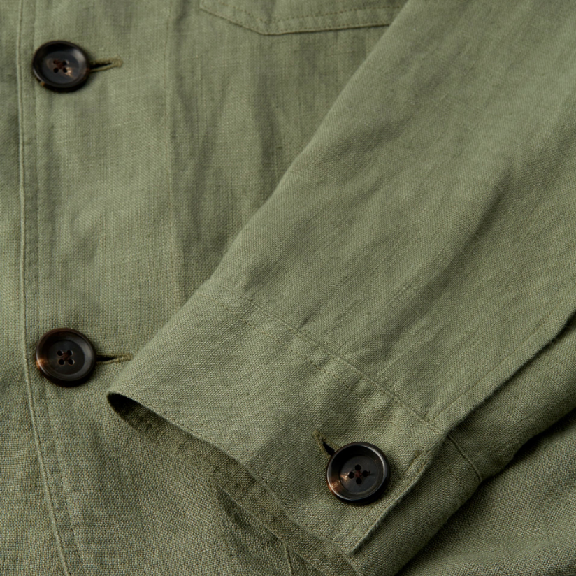 Oliver Spencer Hythe Jacket Coney in Green - Regular-fit linen chore jacket with patch pockets, made in Portugal