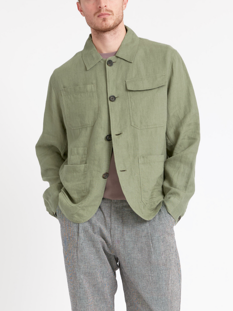 Oliver Spencer Hythe Jacket Coney in Green - Regular-fit linen chore jacket with patch pockets, made in Portugal