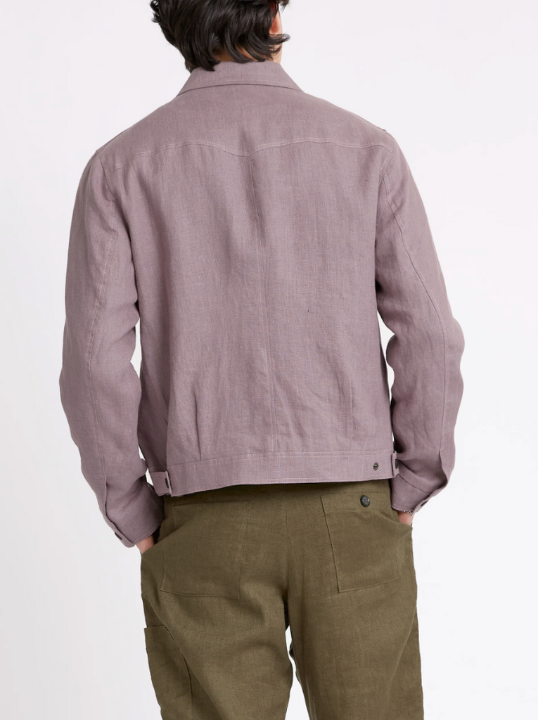 Oliver Spencer Norton Jacket Coney Mauve - Stylish zip-through trucker jacket crafted from soft linen. Perfect for layering over a white tee