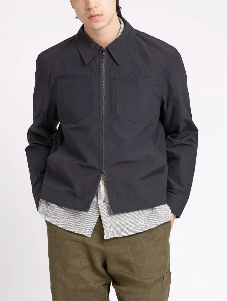 Oliver Spencer Norton Jacket Penpol in Black - Stylish zip-through jacket with water-repellent recycled polyamide construction. Perfect for layering over a white tee