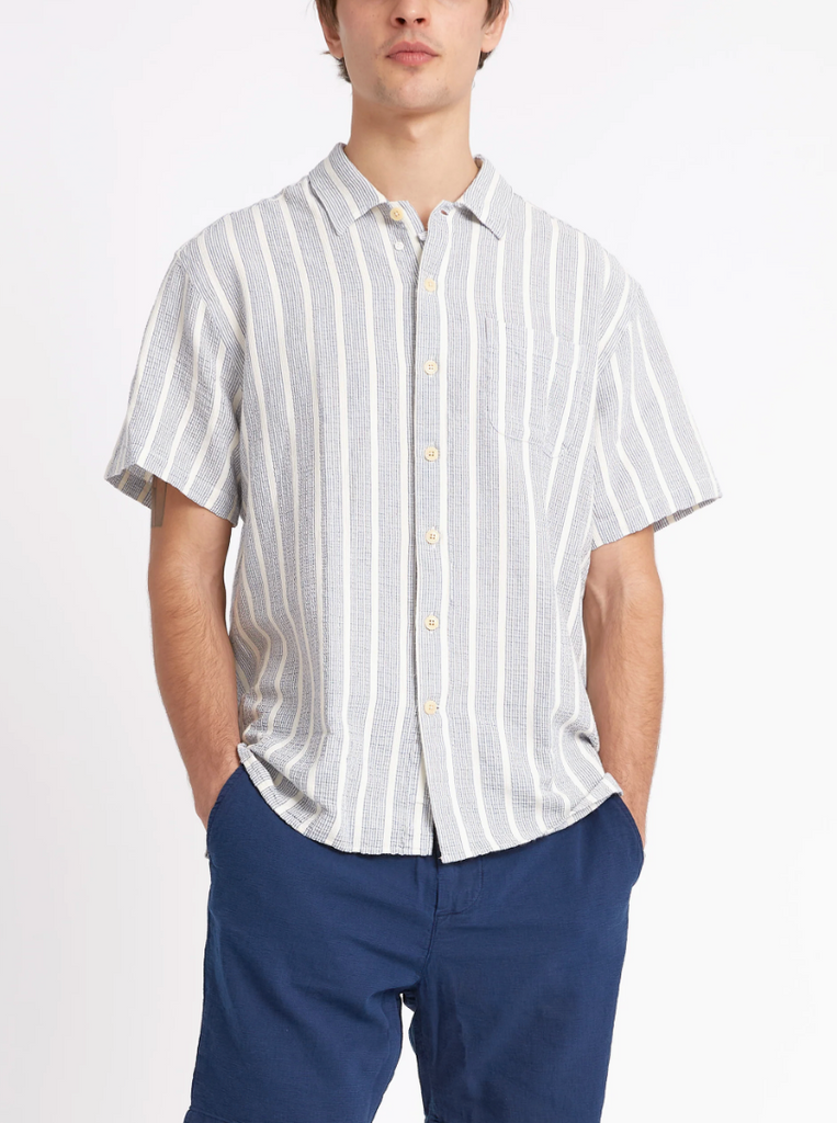 Oliver Spencer Riviera Short Sleeve Shirt Barlow in Blue - Regular-fit, organic cotton blend shirt with front button fastening, chest patch pocket, made in Portugal.