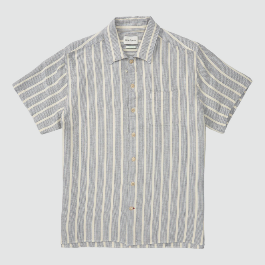 Oliver Spencer Riviera Short Sleeve Shirt Barlow in Blue - Regular-fit, organic cotton blend shirt with front button fastening, chest patch pocket, made in Portugal.