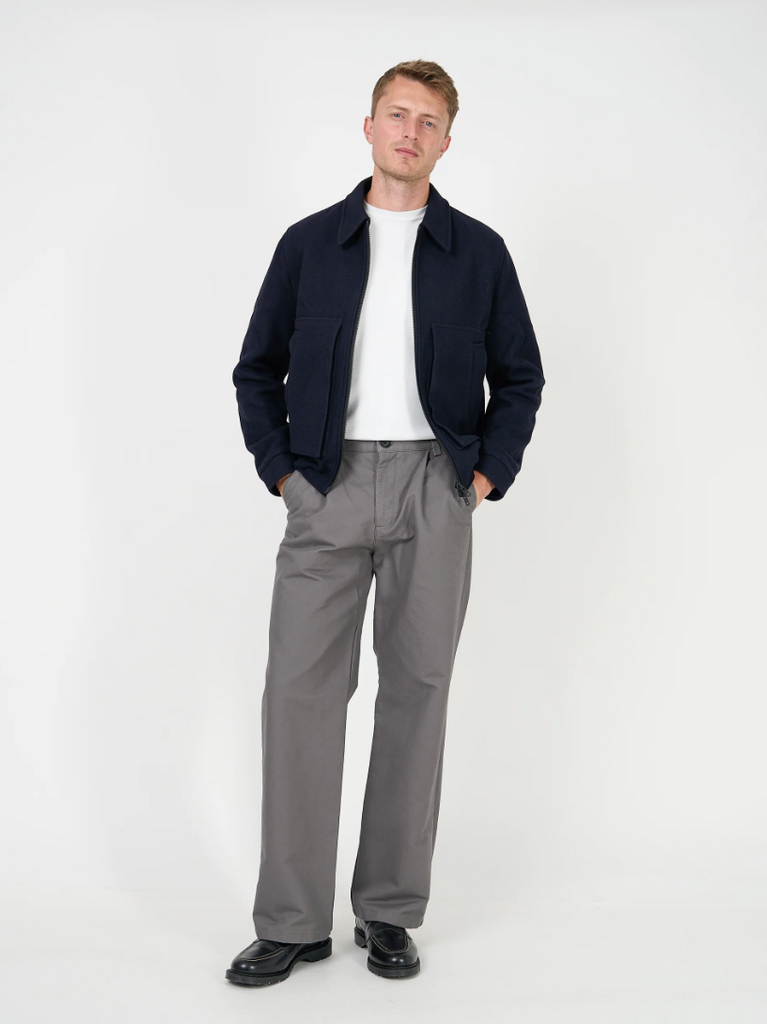 Oliver Spencer Arlington Bomber Jacket in Navy, made from a recycled wool blend with a zip front, turn-down collar, and tailored urban design.