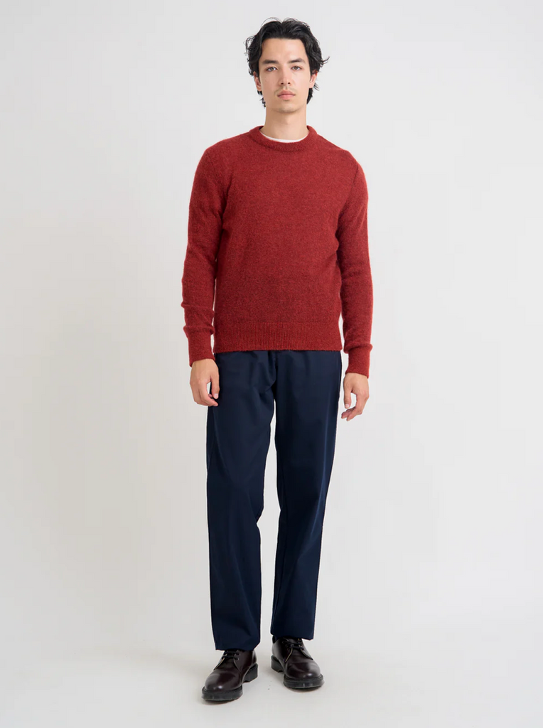 Man wearing a red sweater and navy pants on a white background.