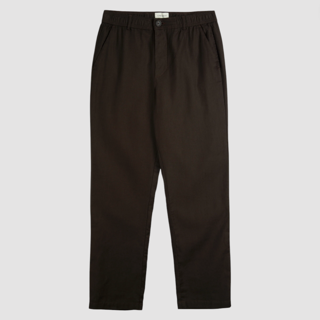 A pair of brown drawstring trousers with a straight-leg cut, crafted from a cotton-linen herringbone blend, featuring a button fly and rear pockets.