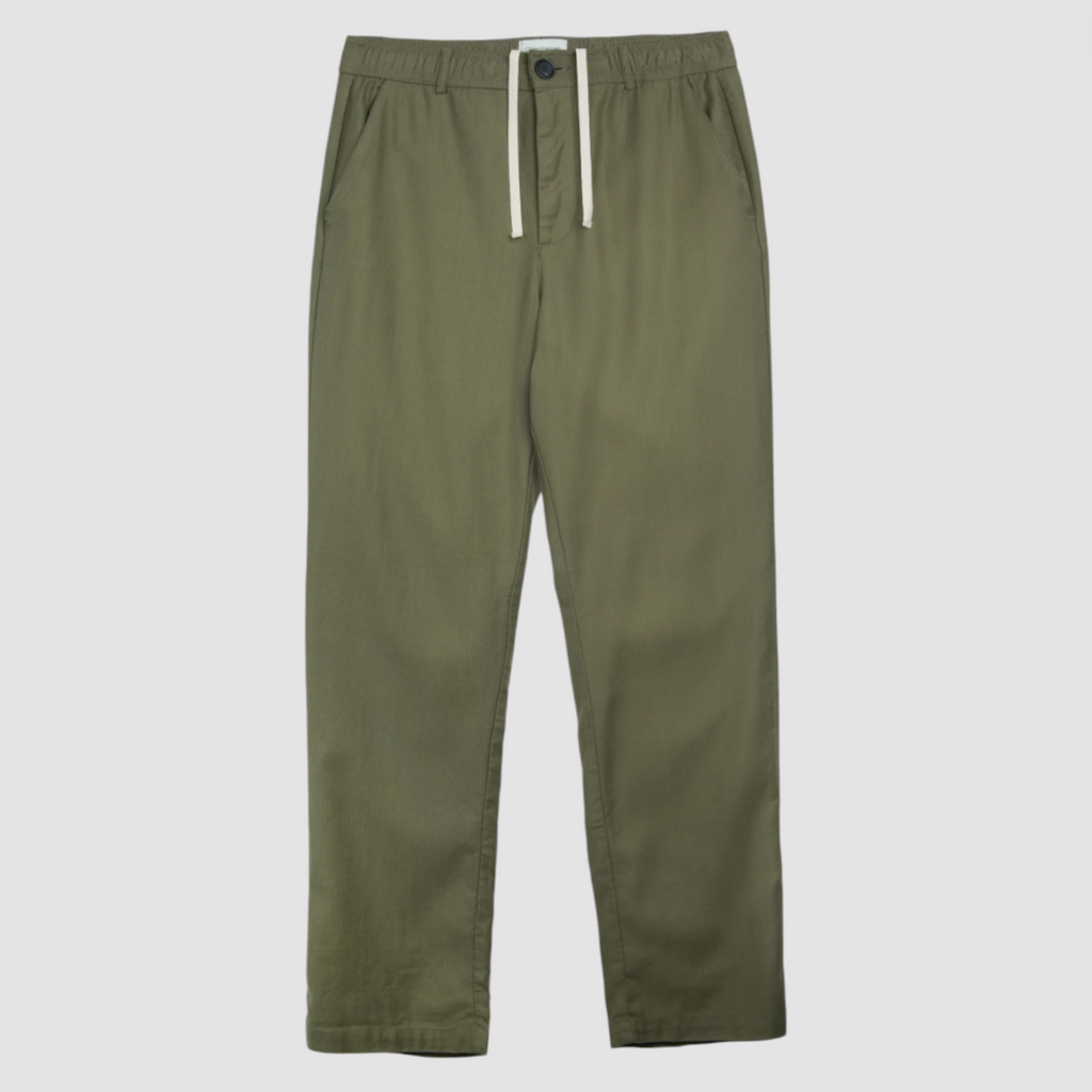 Green relaxed-fit drawstring trousers with a straight-leg cut, crafted from a midweight cotton-linen blend with a herringbone weave, featuring back pockets.